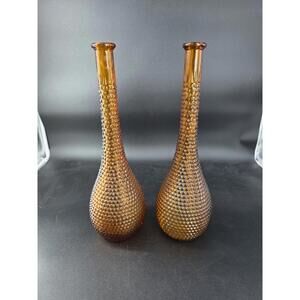 2-Vintage Italian Empoli amber glass diamond point genie bottles 15" Tall